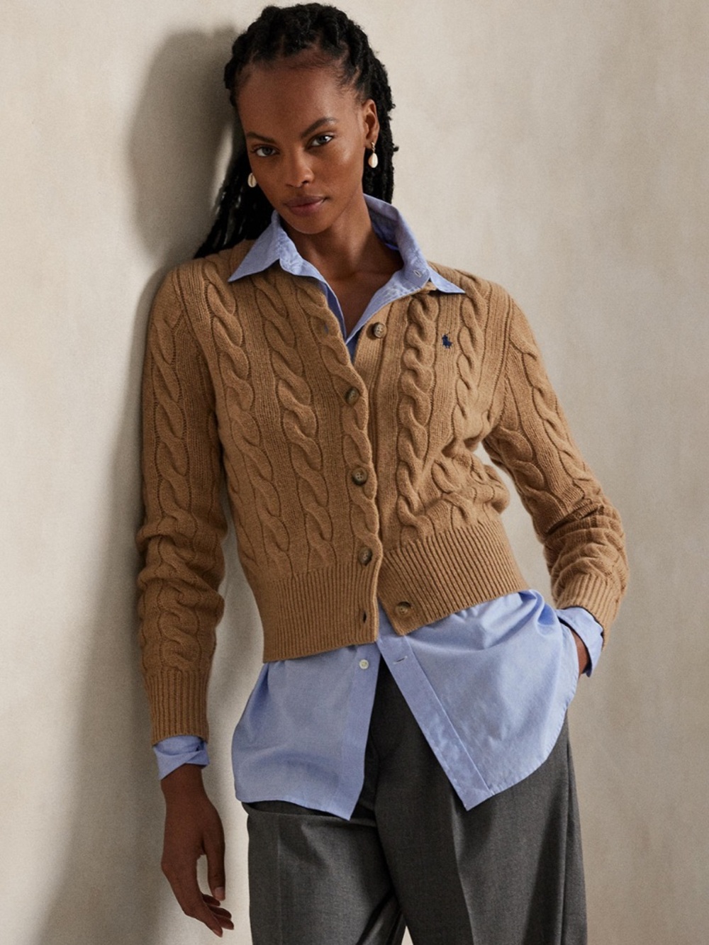 Polo by Ralph Lauren Tan Cable-Knit Button Cardigan Cotton